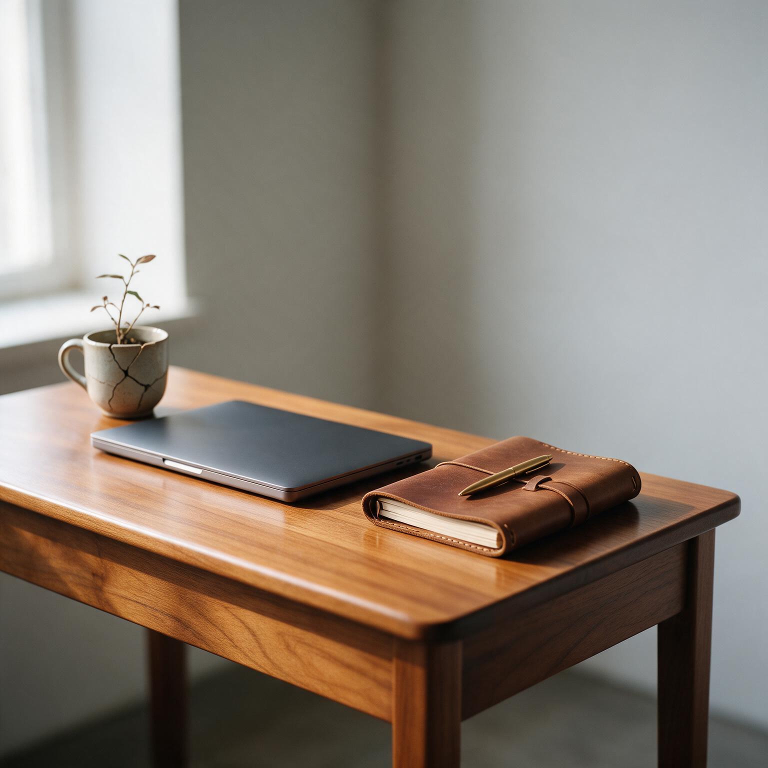 Tidy wooden desk with a laptop, notebook and a repaired cup, representing the lasting value of a well-built website